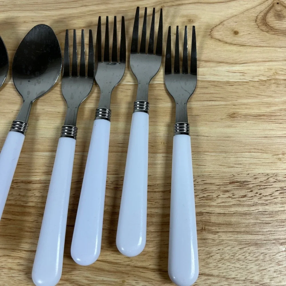 12pc Stainless Steel Flatware Set White Plastic Handles Service for 4 MCM Style